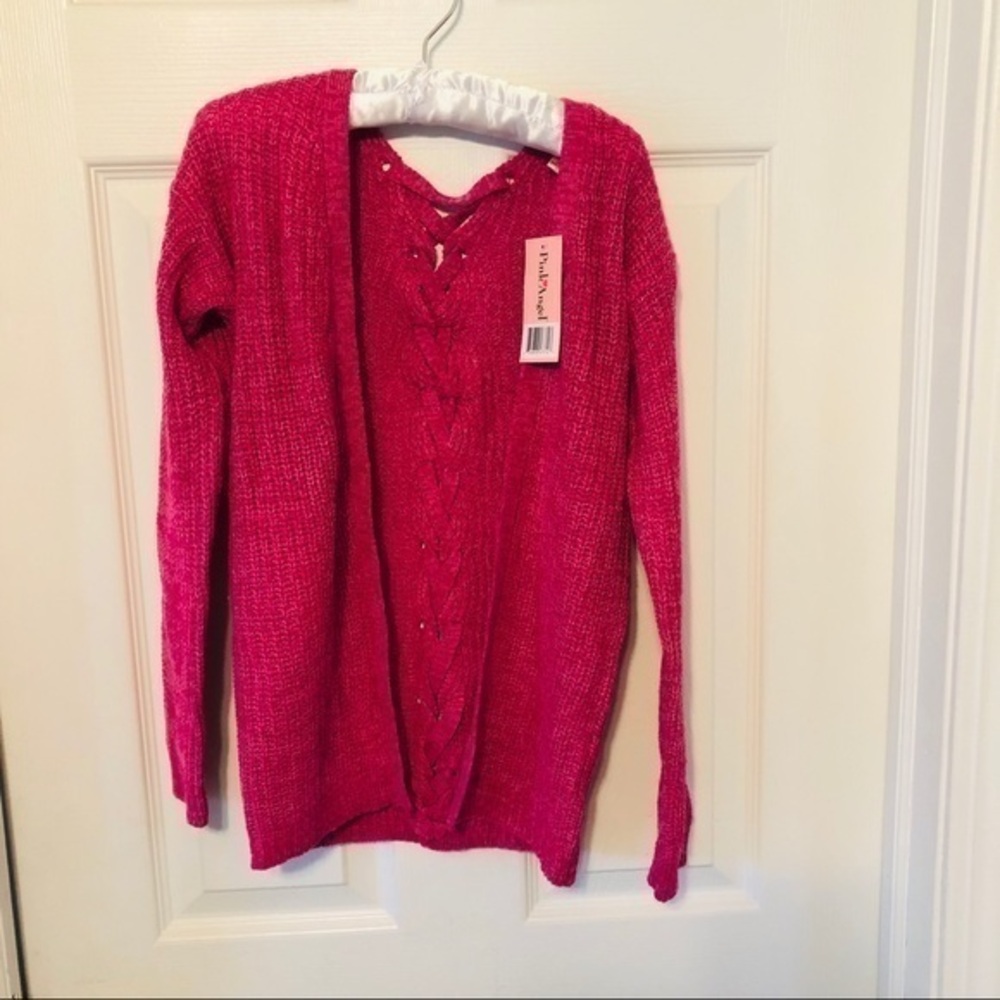 NWT PINK ANGEL Hot pink cardigan braided sweater girls size medium